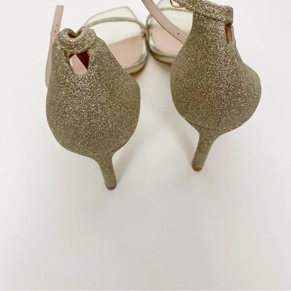 Stuart Weitzman Amelina Glitter Gold Ankle Strap Sandals Heels